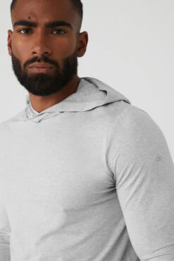 Conquer Reform Long Sleeve With Hood - Athletic Heather Grey -Alo Yoga Shop M3199R 02910 b1 s3 a4 1 m93